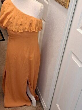 Honey Belle Mustard One Shoulder With Ruffled Sleeve Maxi Dress  Size L